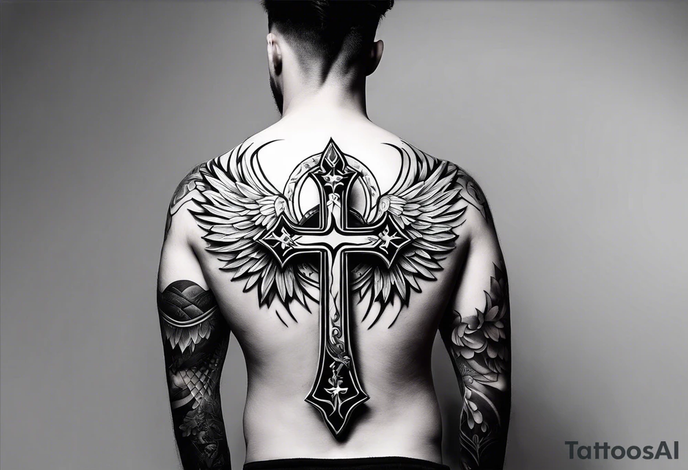 An aesthetic but unpretentious tattoo that is placed on the upper back of a male. It should represent catholic religion, discipline, pain and the love to animals. It should spread over the back of the shoulders. tattoo idea