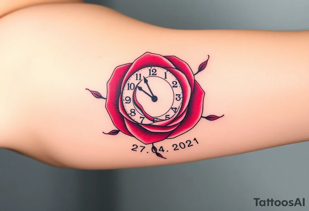 A delicate rose intertwined with clock hands, marking the exact birth time and name "Kevin" and date 27. 04. 2021, in deep red, blush pink, and soft grays tattoo idea