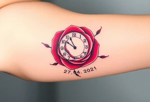 A delicate rose intertwined with clock hands, marking the exact birth time and name "Kevin" and date 27. 04. 2021, in deep red, blush pink, and soft grays tattoo idea