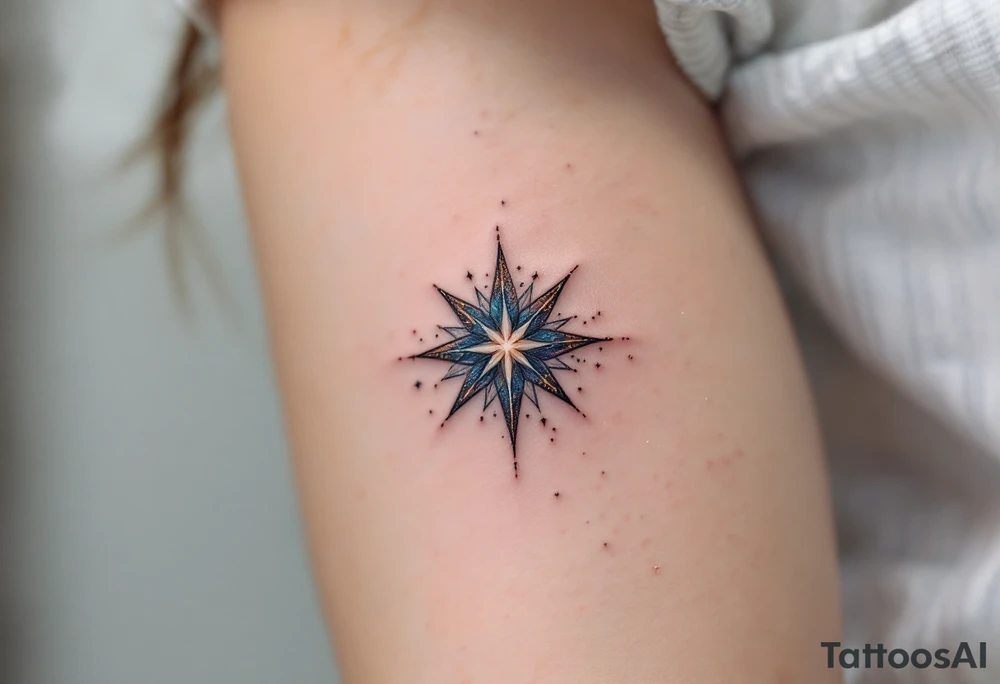 A galaxy-inspired eight-pointed star tattoo sparkles with cosmic wonder and expansion. tattoo idea