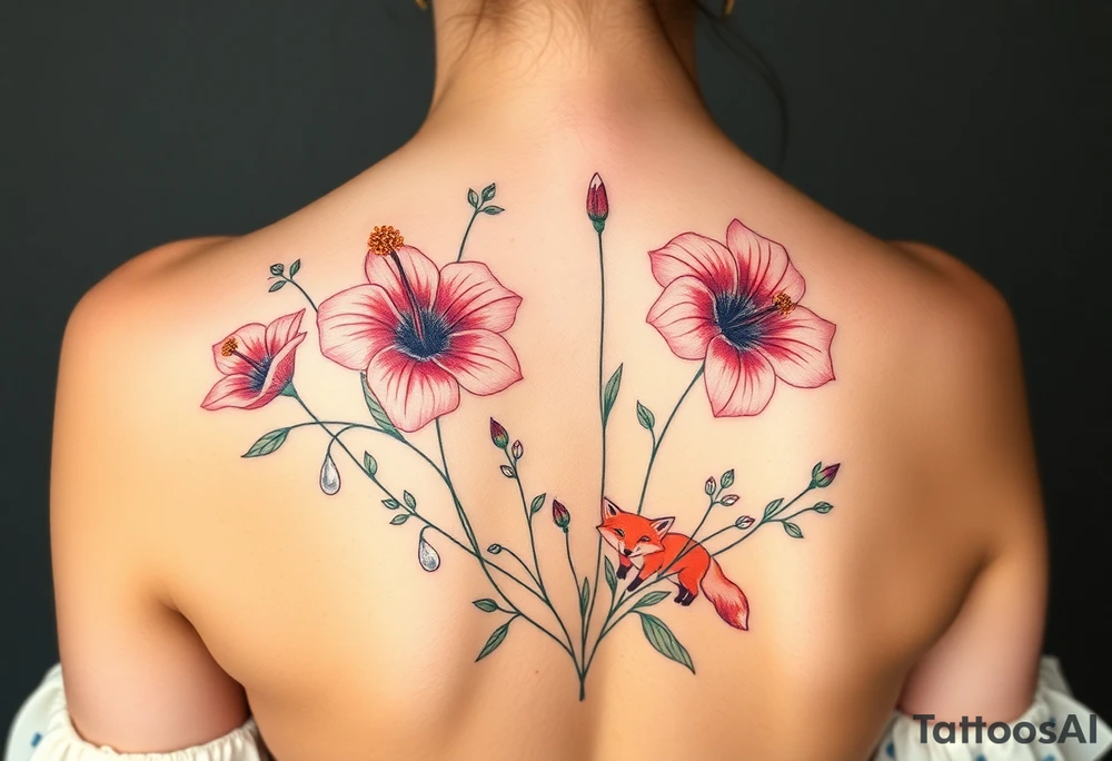wild hibiscus and meadow flowers with morning dew drops and foxes tattoo idea