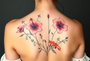 wild hibiscus and meadow flowers with morning dew drops and foxes tattoo idea