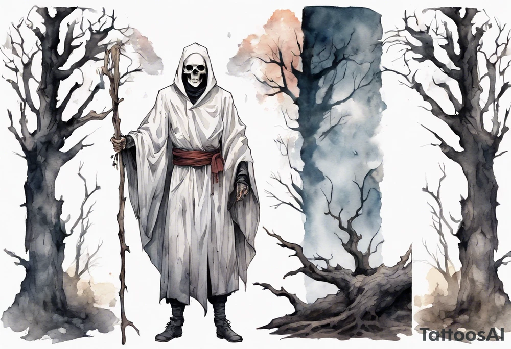 a thin medieval man in a white cloak wearing a skull mask, standing alone in a gloomy place with dead trees tattoo idea