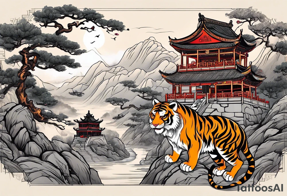 In English:

Create for me a tattoo in the Chinese style featuring a tiger, a rat, a snake, the Great Wall of China, and a temple. tattoo idea