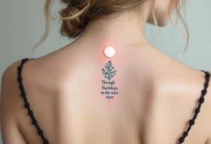 Flowing in teal ink across the spine, “Through Hardships to the stars