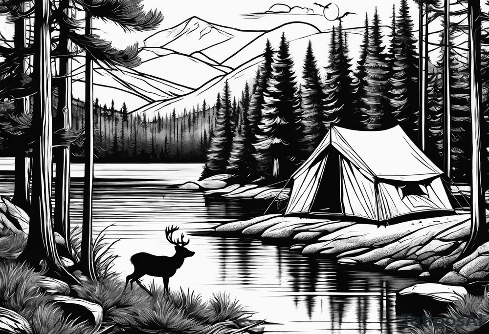 Pine forest with a river, a tent with a campfire, and a deer tattoo idea
