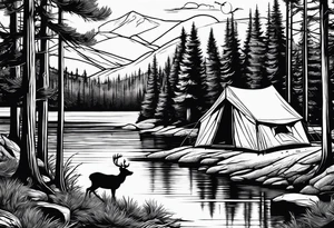 Pine forest with a river, a tent with a campfire, and a deer tattoo idea