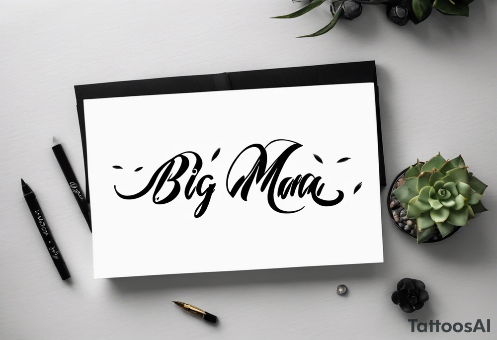 A tramp stamp tattoo of the words “Big Mama” with clean simple script font with delicate underlining and/or subtle embellishments for a more understated approach tattoo idea