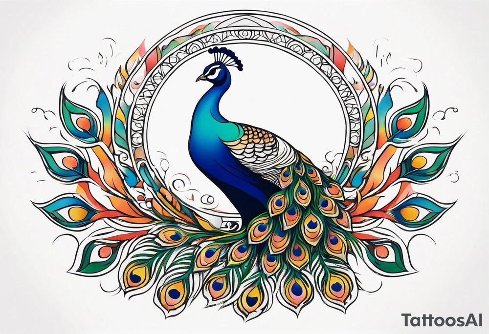 Colorful peacock that is longer than it is wide over a sublime style sun standing in a stick with a horseshoe over the top of the peacock to each side of the stick tattoo idea