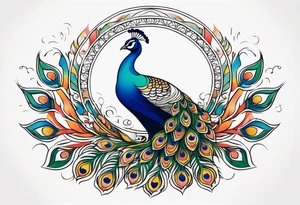 Colorful peacock that is longer than it is wide over a sublime style sun standing in a stick with a horseshoe over the top of the peacock to each side of the stick tattoo idea