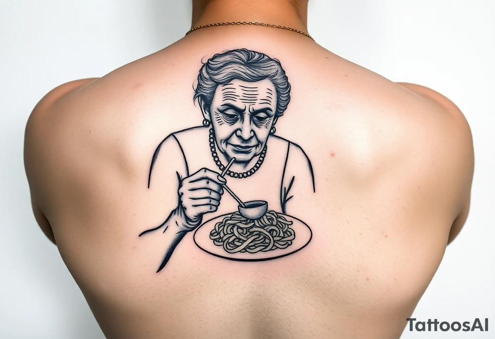 Arm tattoo: An old lady eating a plate of pasta tattoo idea