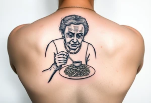 Arm tattoo: An old lady eating a plate of pasta tattoo idea