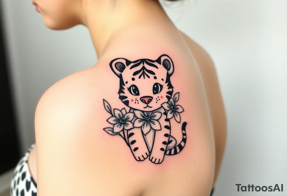 Cartoon Tiger with narcissus flower tattoo idea