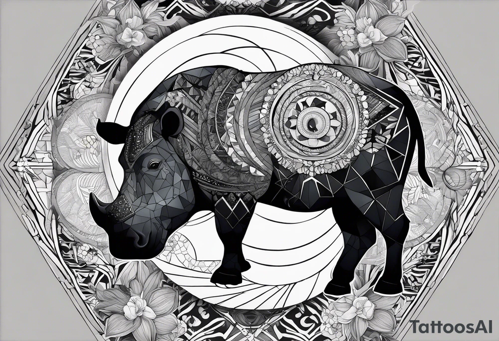 Very asymmetrical, +geometric pattern, with realistic full moon, with hippo,+tribal, +geometric, +inkart , +blackwork, +grey scale, + sketch
with wintersweet flower bud, +for men, detailed layering , modify from my favourites , dont look like a cow tattoo idea