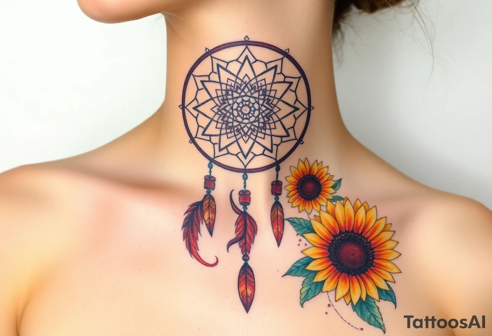 Dreamcatcher with zodiac symbols and protection runes caught in it with tigerlillies roses and sunflowers tattoo idea