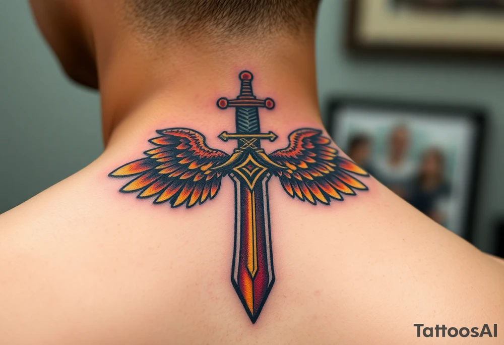 A battle-worn sword forming the shape of a cross, with large eagle wings in brown and gold tattoo idea