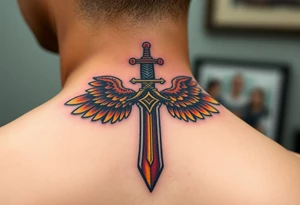 A battle-worn sword forming the shape of a cross, with large eagle wings in brown and gold tattoo idea
