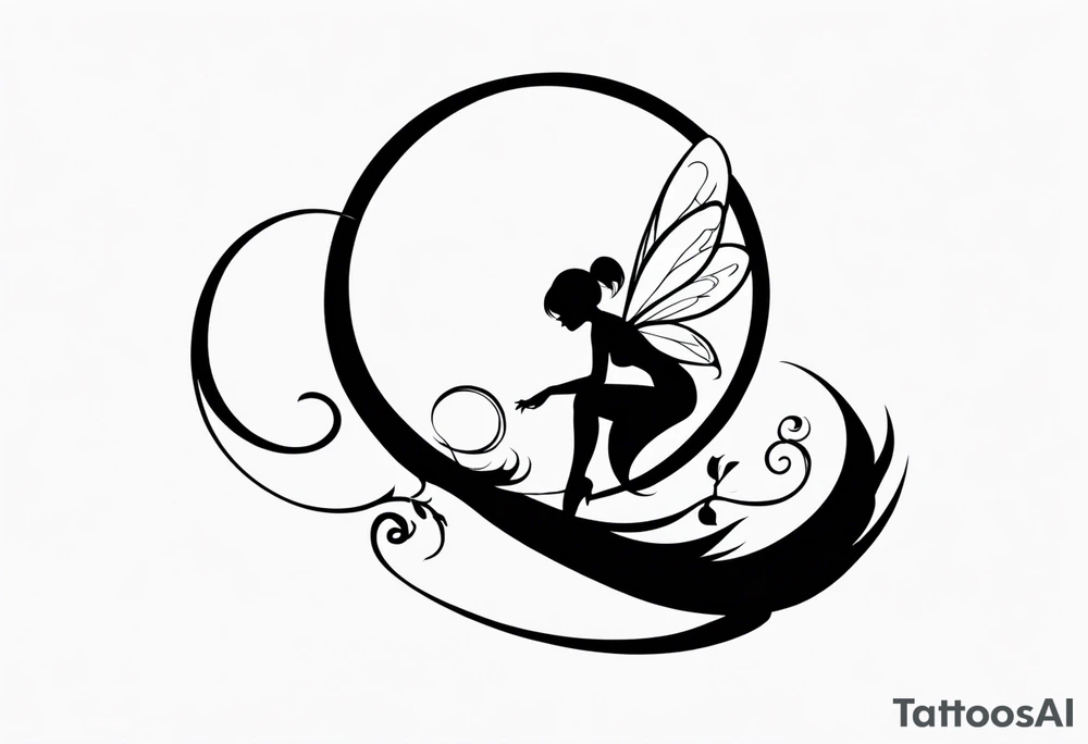 A fairy with a tail inspired by the logo of the show called Fairy Tail in a fetal position leaning in tattoo idea