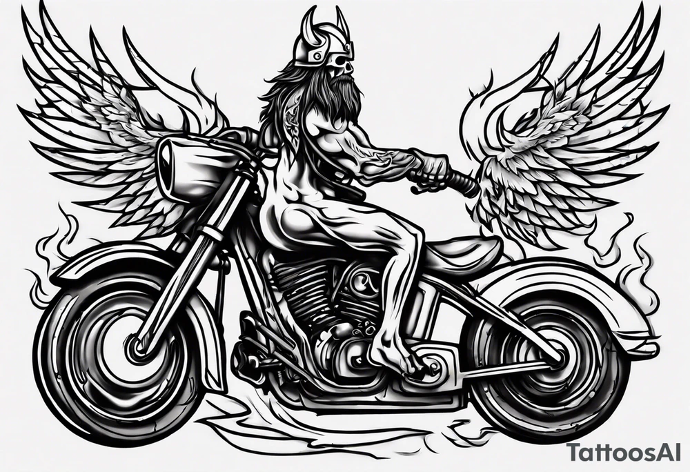 Create a tattoo design of my company called “Viking Customs” i want the name in the tattoo with a skeleton riding a motorcycle into the distance with flames tattoo idea