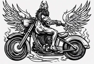 Create a tattoo design of my company called “Viking Customs” i want the name in the tattoo with a skeleton riding a motorcycle into the distance with flames tattoo idea
