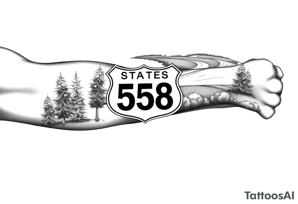Arm sleeve State Route sign 558 at wrist, with trees all around and farm in background, road w/ view tattoo idea