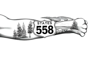 Arm sleeve State Route sign 558 at wrist, with trees all around and farm in background, road w/ view tattoo idea