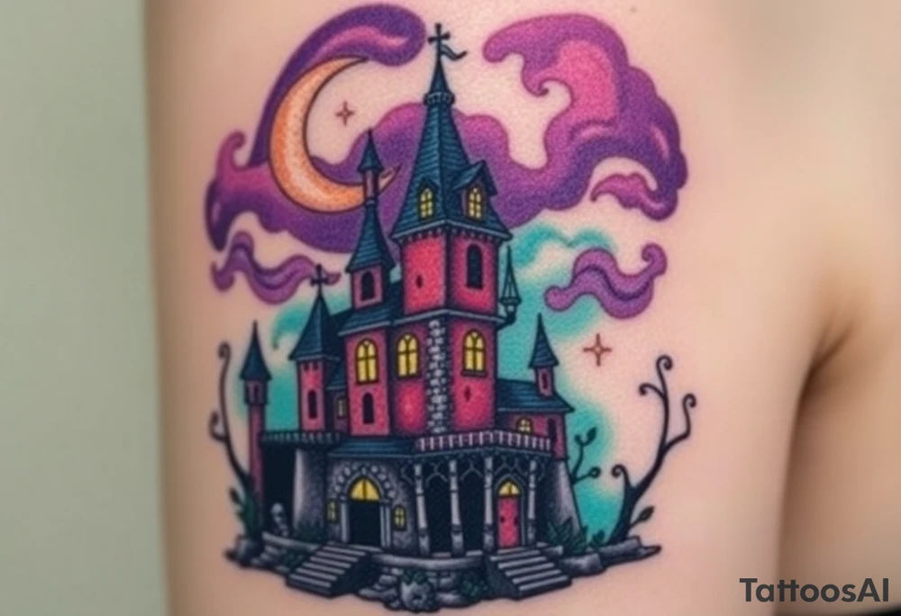Tim Burton’s disney sleeping beauty’s haunted castle is abandoned and dripping with muted reds, dusty pinks, and eerie green glow.purple and cyan smokey clouds swirl in the crescent moonlit sky thats sprinkled with stars tattoo idea tattoo idea