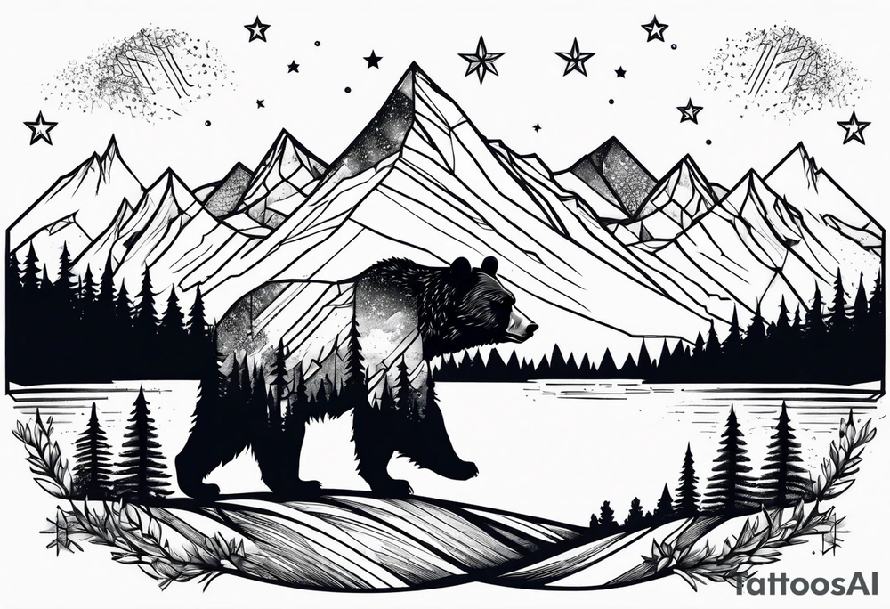 Mountains, travel, adventure, trees, bear, stars tattoo idea Mountains, travel, adventure, trees, bear, stars tattoo idea