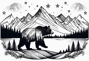 Mountains, travel, adventure, trees, bear, stars tattoo idea