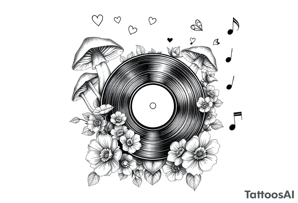 vinyl record with mushrooms, flowers, hearts, and music notes tattoo idea