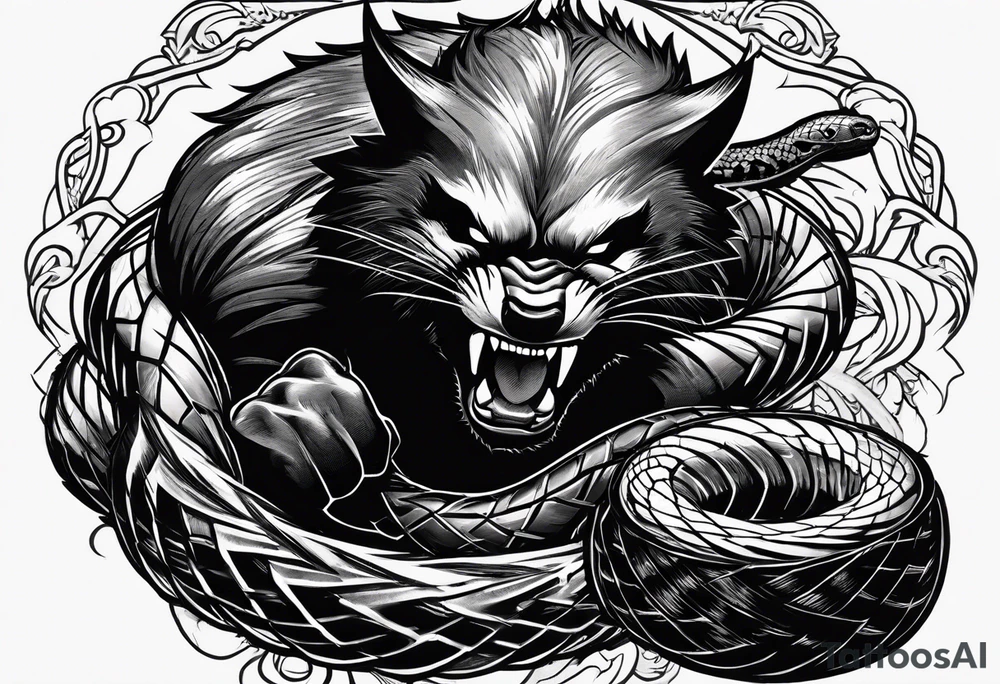 A wolverine animal fighting a snake with a vertical layout to go from shoulder to bicep tattoo idea