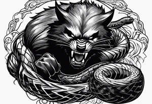 A wolverine animal fighting a snake with a vertical layout to go from shoulder to bicep tattoo idea