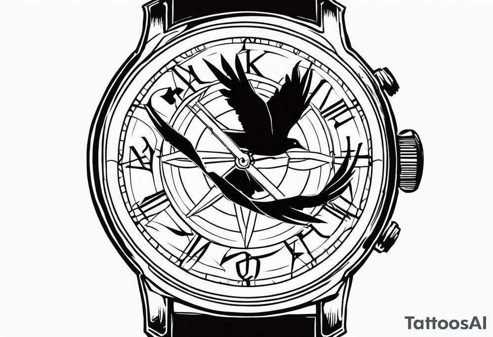 the word ganbatte in japanse combined with the watch from the anime full metal alchemist and a crow from the anime haikyuu tattoo idea