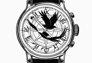 the word ganbatte in japanse combined with the watch from the anime full metal alchemist and a crow from the anime haikyuu tattoo idea