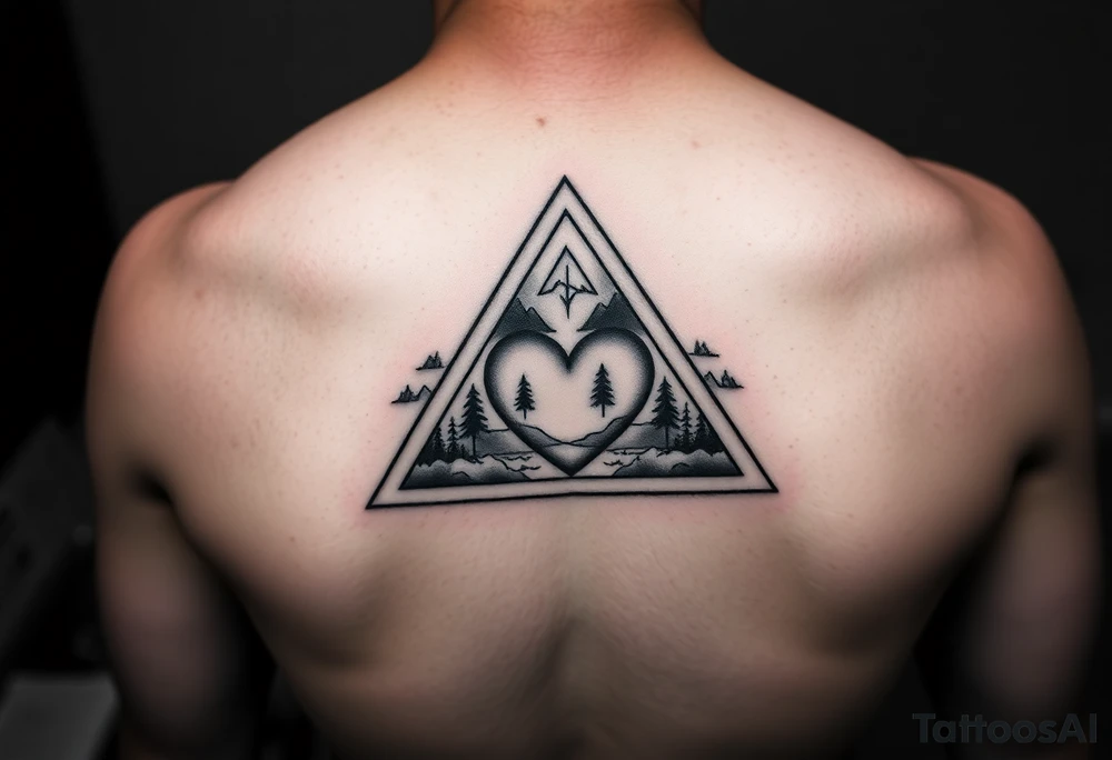 A triangle with a heart in the center and a nature scene in background tattoo idea