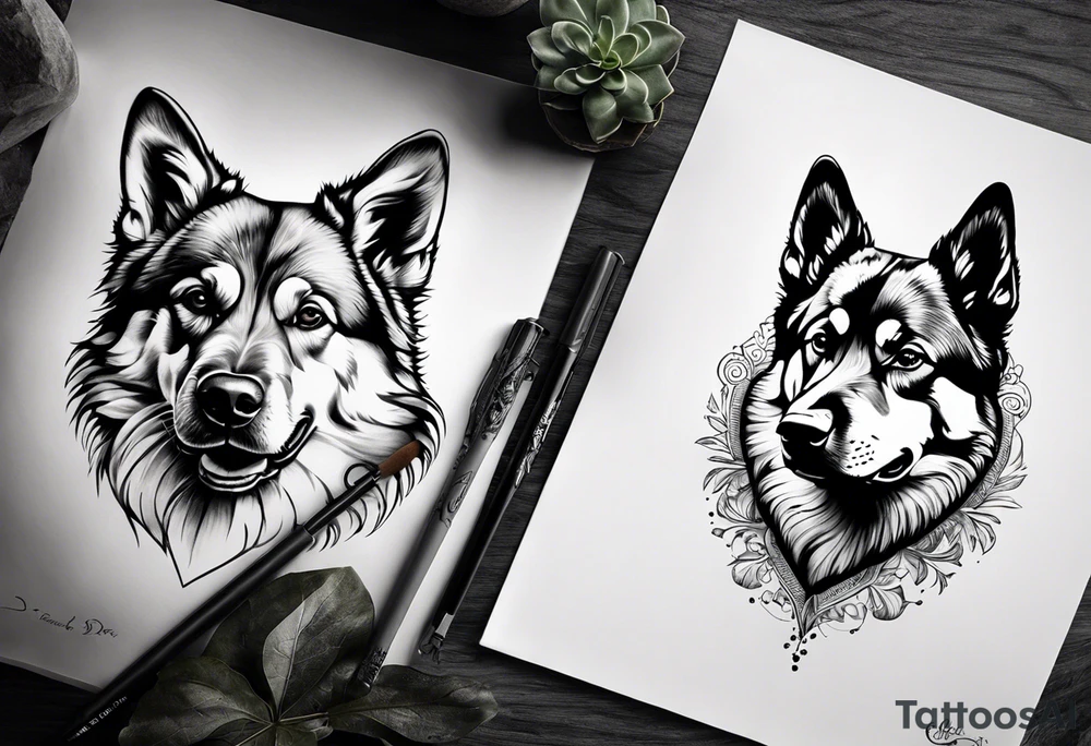 Patte de chien avec dans chaque petite coussinets un des 4 éléments et dans le gros coussinets passage montagneux cours d'eau tattoo idea