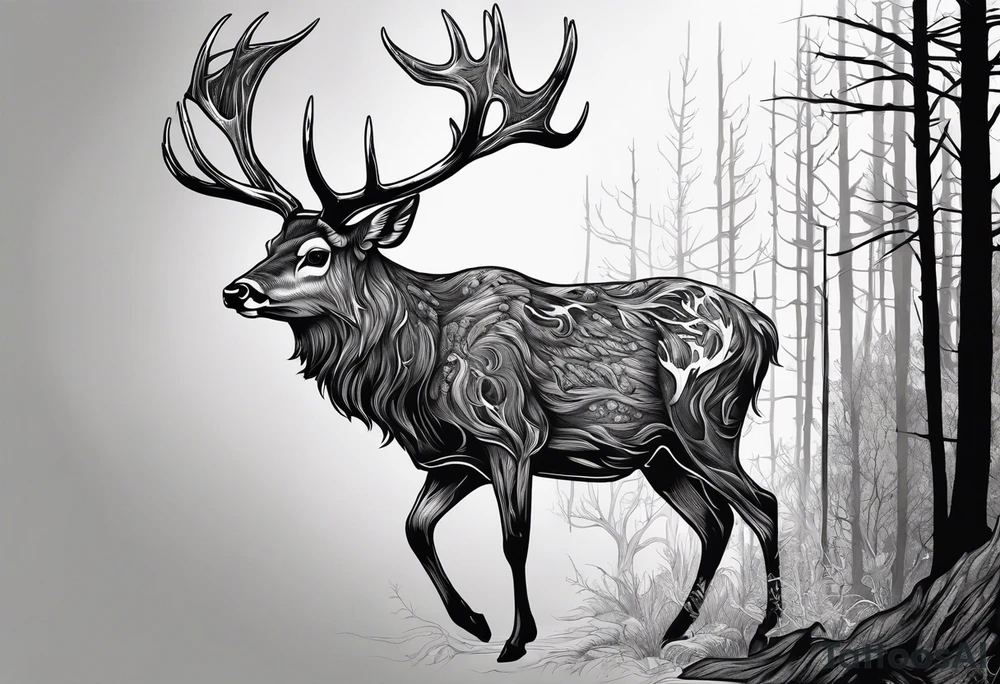 A frightening horror DECAYING deer carcass JUST BONE FROM THE SIDE surrounded by a forest fire in background tattoo idea