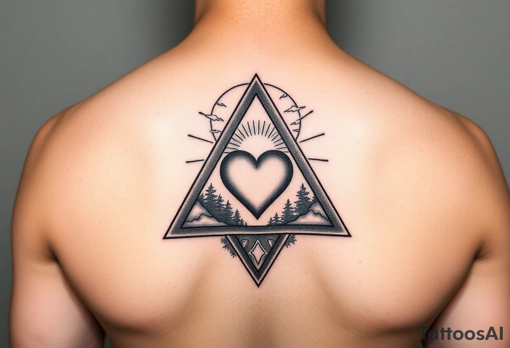 A triangle with a heart over the middle of the center and nature scene in background tattoo idea