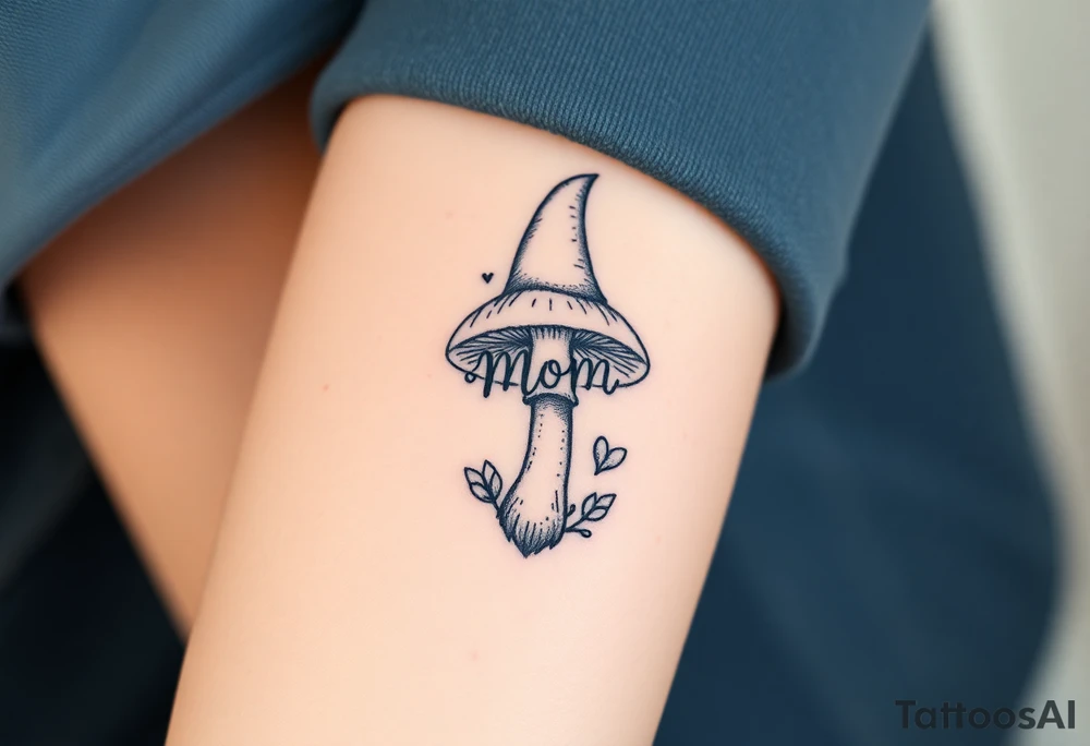 Mushroom with word mom on it with gnome on top tattoo idea