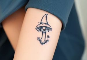 Mushroom with word mom on it with gnome on top tattoo idea