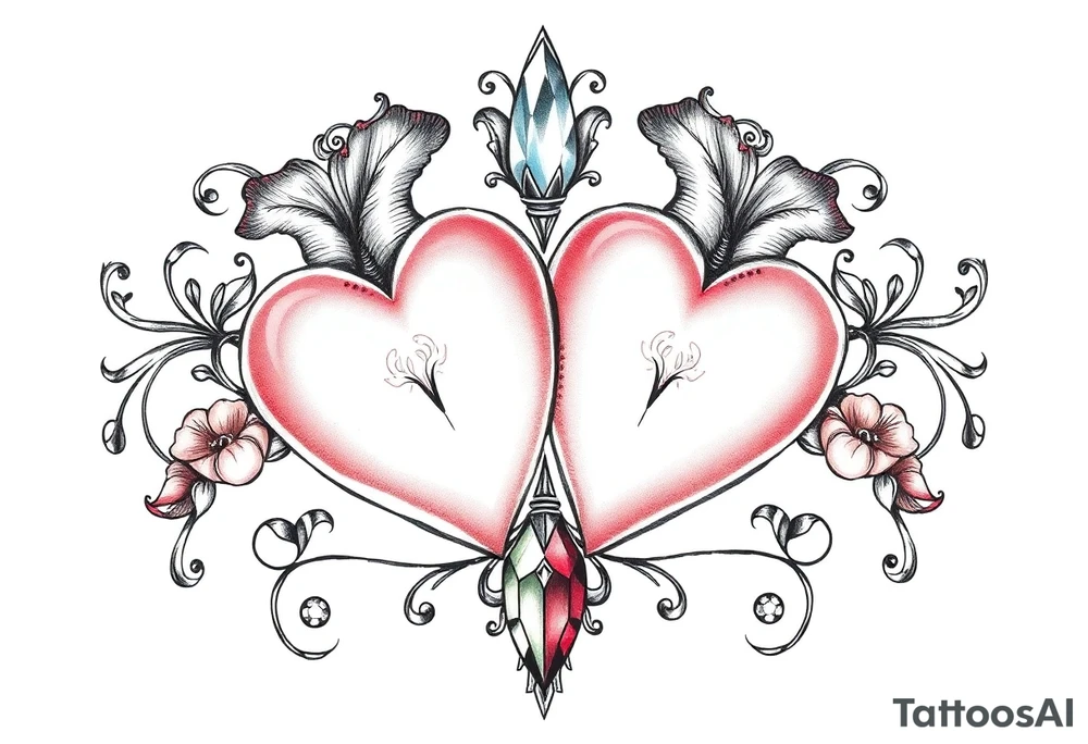 Two hearts surrounded by filigree and crystal or gem accents tattoo idea