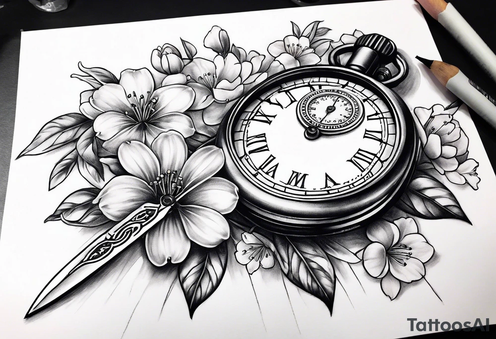 Stopwatch, sword and cherry bloom tattoo idea