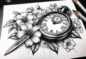 Stopwatch, sword and cherry bloom tattoo idea