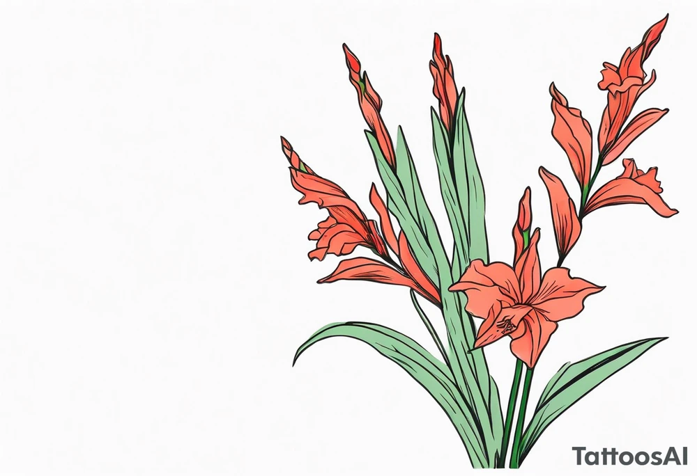 a thin narrow gladiolus stalk. green leaves. coral-colored flowers with red centers. tattoo idea
