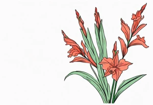 a thin narrow gladiolus stalk. green leaves. coral-colored flowers with red centers. tattoo idea