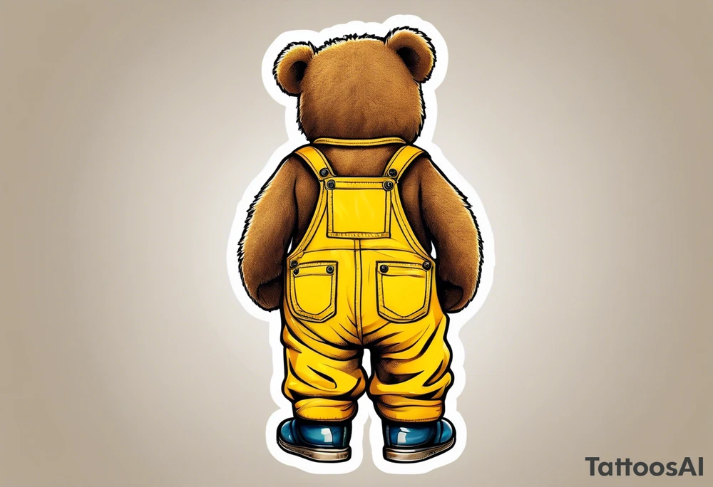 image of the back of a light brown teddy bear standing in yellow overalls, striped tank top and wearing boots tattoo idea