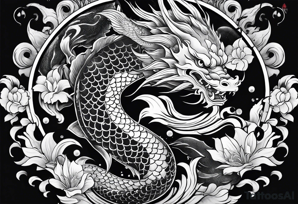 Dark skull and dragon  koi fish tattoo idea