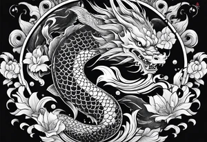 Dark skull and dragon  koi fish tattoo idea