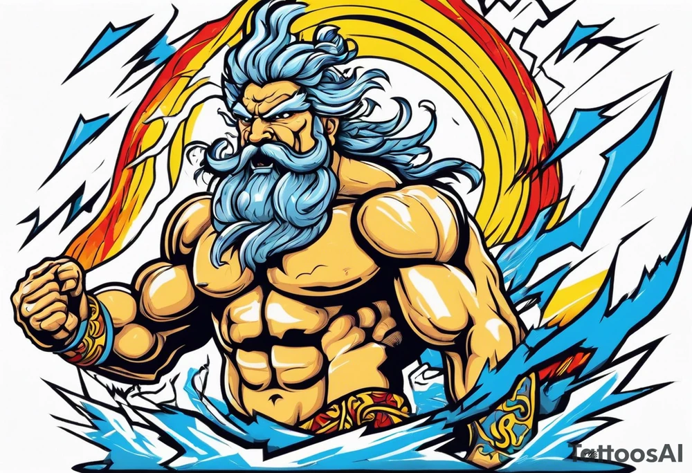 The enraged god Zeus the Thunderer with lightning bolts in a furious tattoo idea