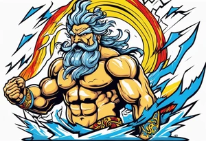 The enraged god Zeus the Thunderer with lightning bolts in a furious tattoo idea